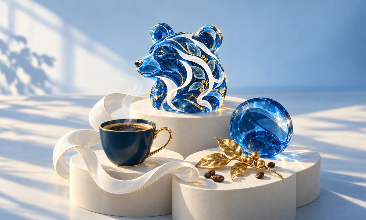 A small sapphire bear sculpture, a navy coffee cup, a blue glass disc, and porcelain ribbons arranged on ivory plinths.
