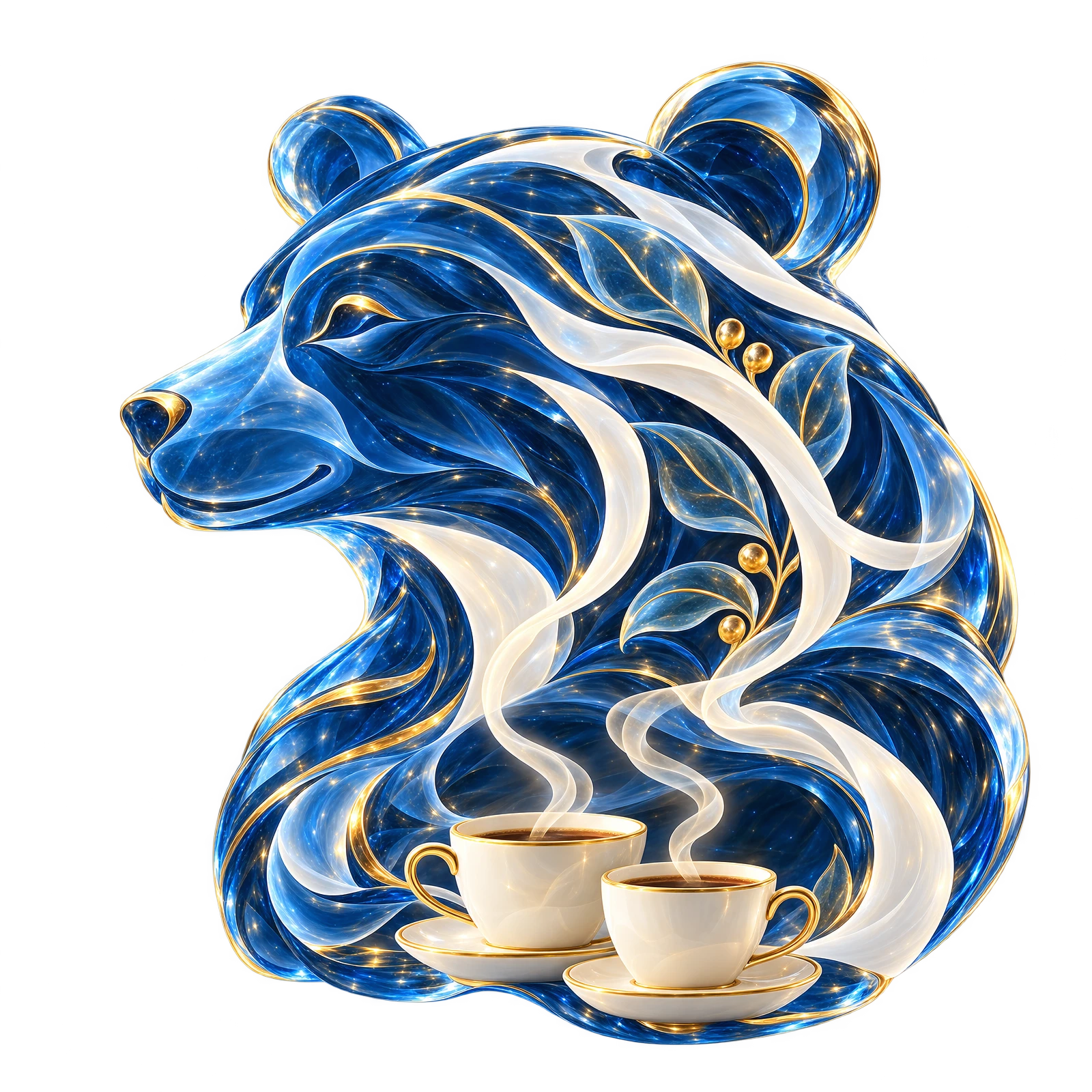 An abstract blue glass bear with flowing ribbons of coffee steam and two cups waiting to be shared.