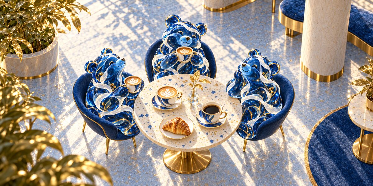 Three sapphire-glass bears sharing coffee around a sunlit round café table.